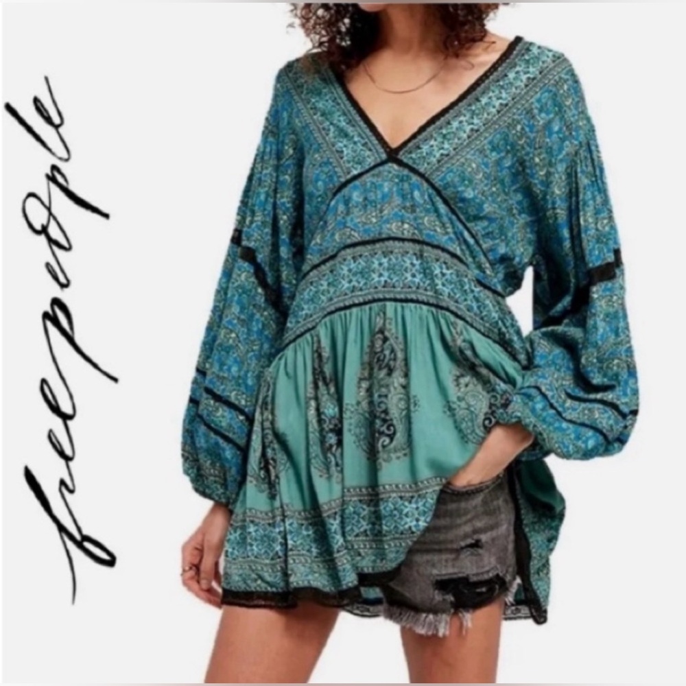 Free People Free People Luna Scarf Print Tunic Blouse Ocean Combo - Large - NWT